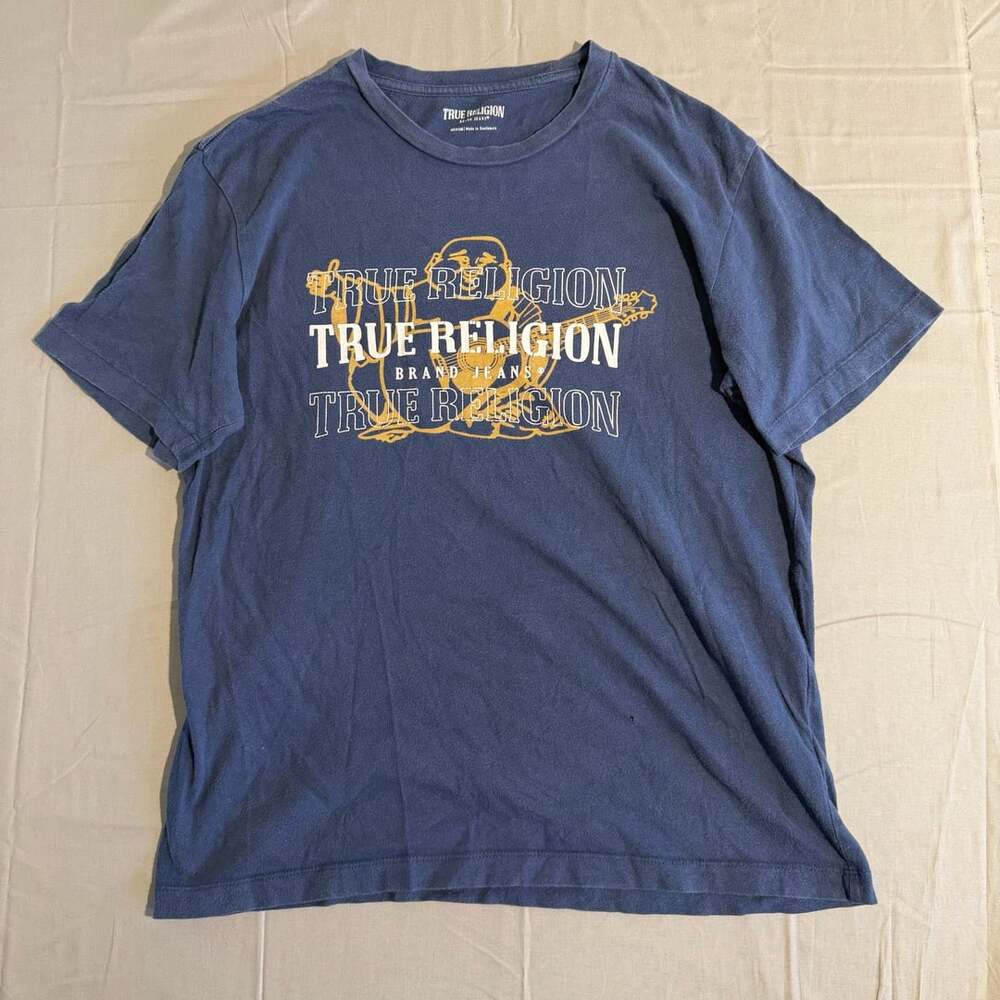 True Religion Graphic T-Shirt Size Medium Blue Buddha Logo Short Sleeve